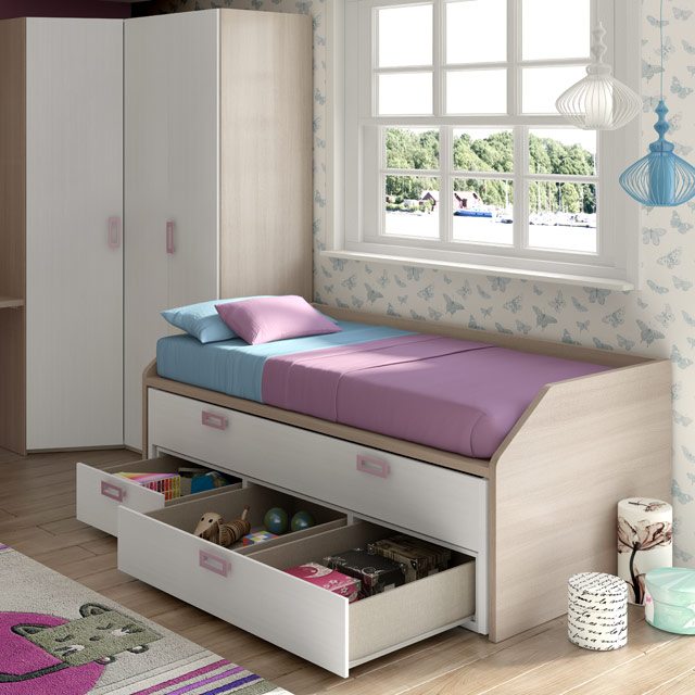dormitorio juvenil en madera clara, blanco y morado Muebles Valsero en Valladolid