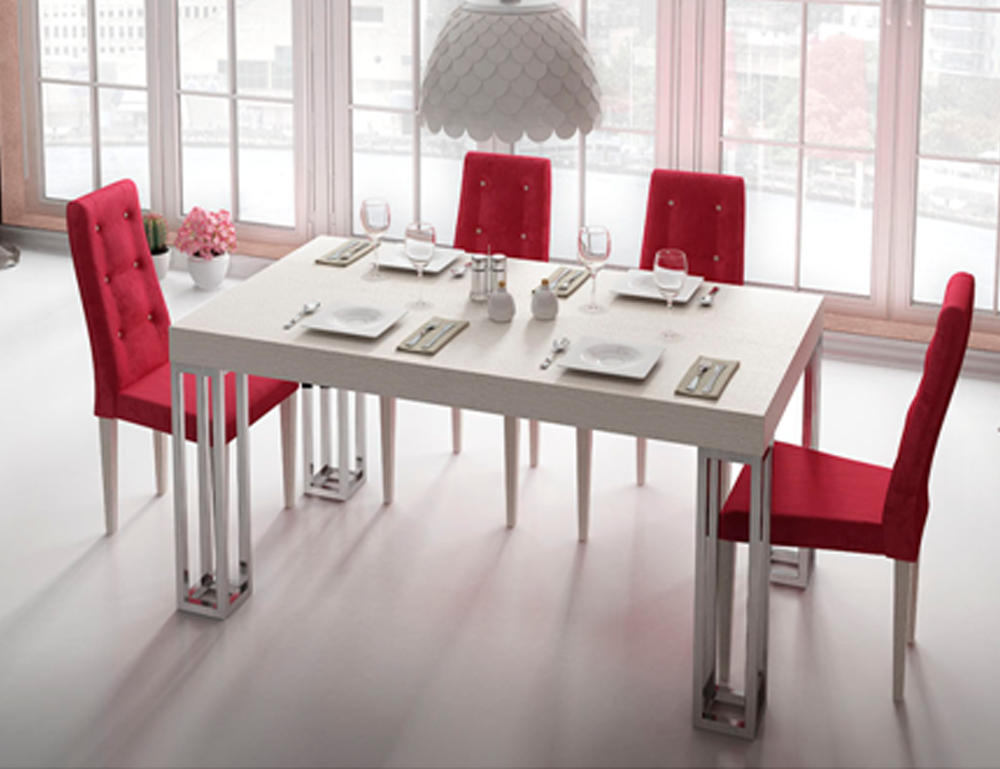 Mesa de comedor elegante con sillas en rojo en Valladolid Muebles Valsero 